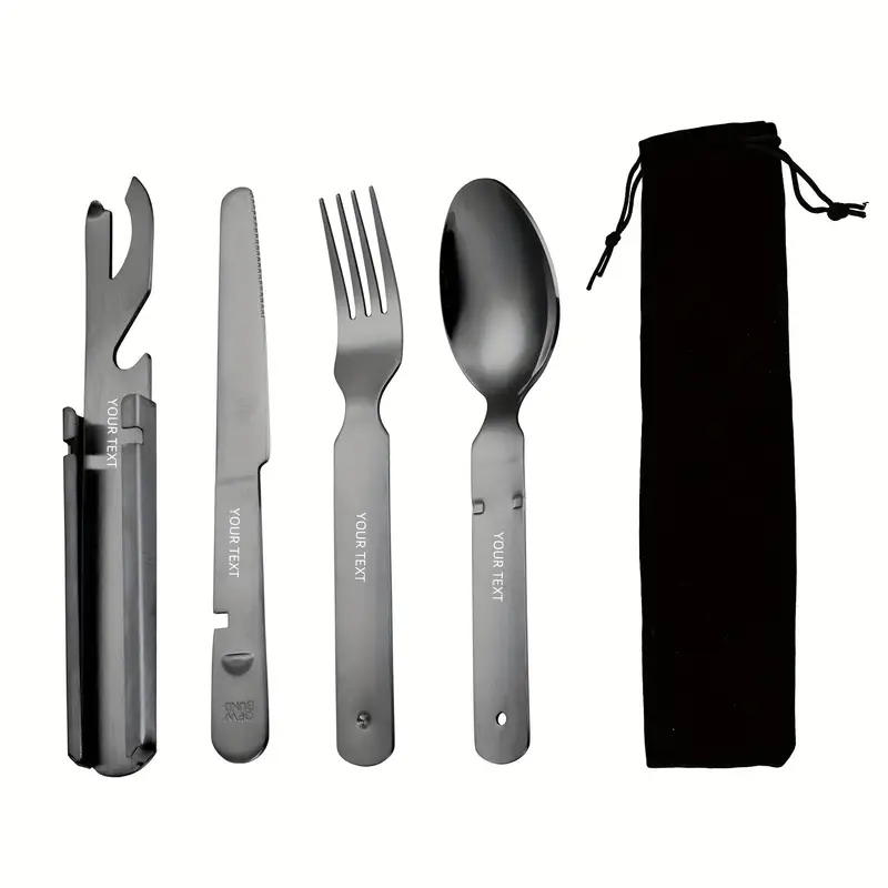 personalized customization 4pcs stainless steel portable outdoor tableware set suitable for travel with knife bottle opener and storage bag outdoor combination tableware camping outdoor travel and silvery Product details 2