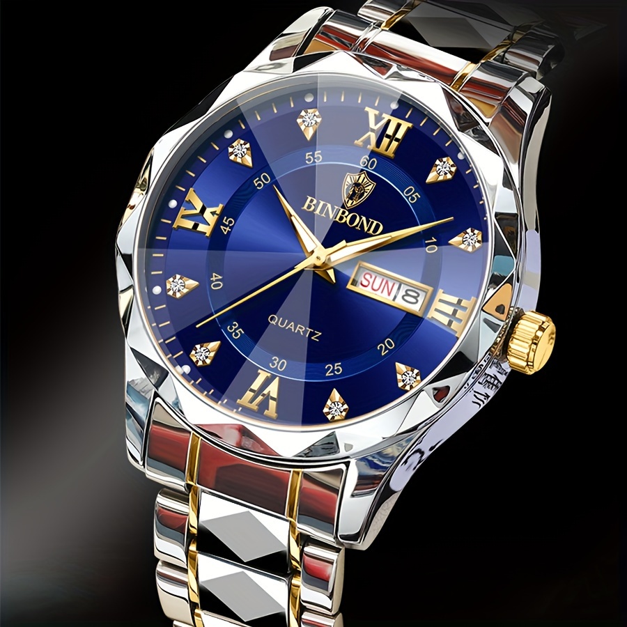 1pc Binbond Men's Business Watch, Stainless Steel Quartz Movement, Round Zinc Alloy Case, Luminous Dual Calendar, Battery Powered with Electronic Drive