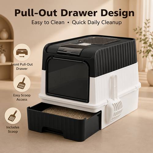 xl large fully enclosed cat litter box with pull out drawer scoop suitable for multi cat homes front entry top exit system leak resistant base easy large litter box for privacy for daily use for multi cat households