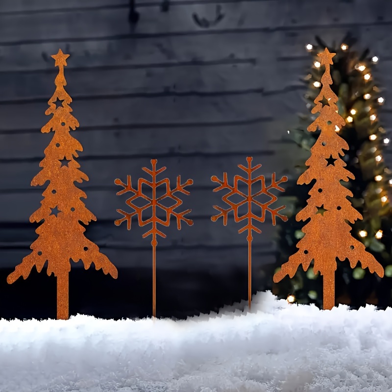 

4pcs Vintage Christmas Outdoor Decor Set - Metal Snowflake & Tree Designs For Yard, Patio, And Garden -