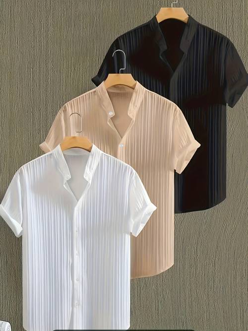 mens summer solid color short sleeve collar shirt breathable and comfortable fabric button top casual match outfit suit beach vacation three piece set