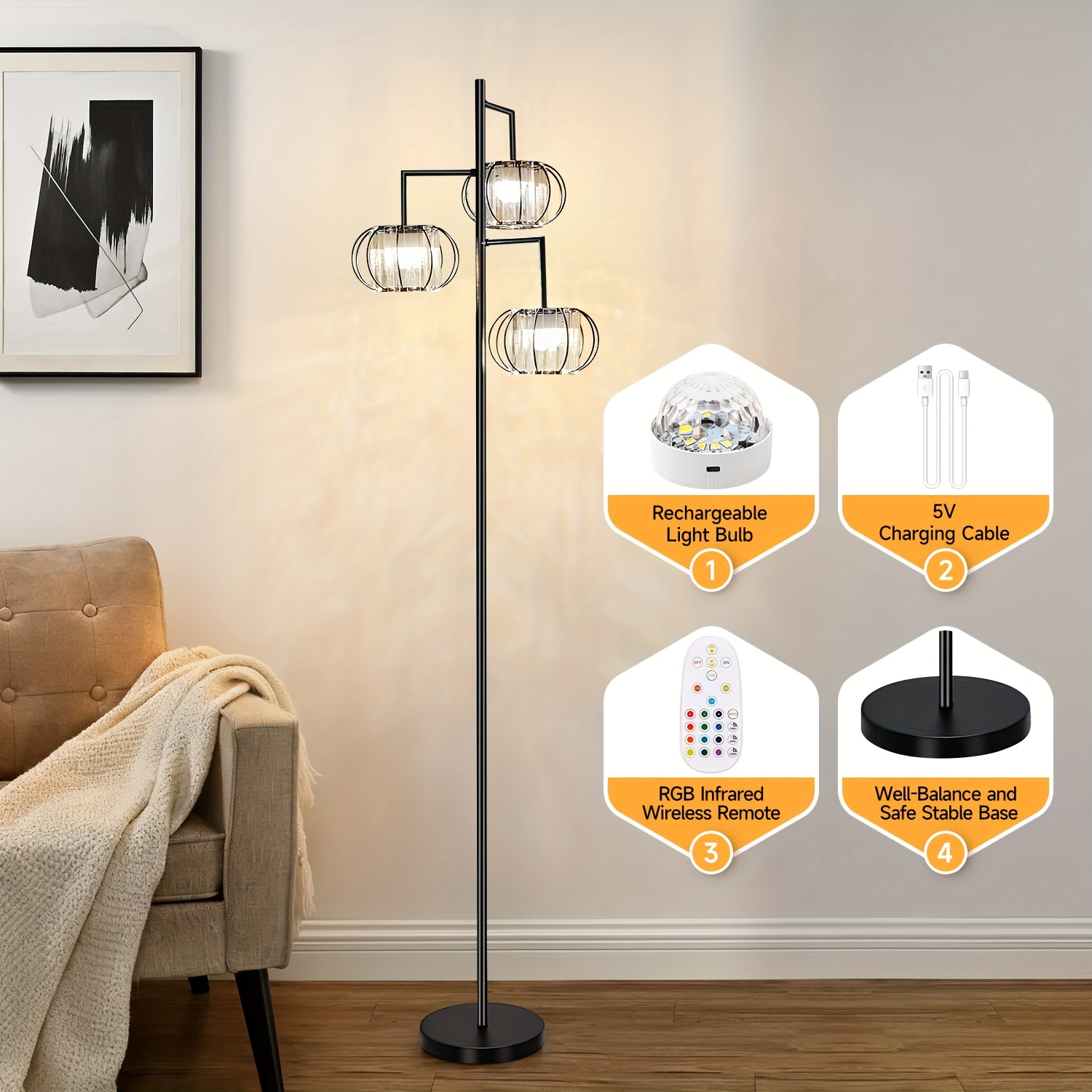 TEMU Crystal 3-head Floor Lamp With Rgb Color Changing And Dimmable Lights, Remote Control Metal Stand, Room, Bedroom, And Party Decoration