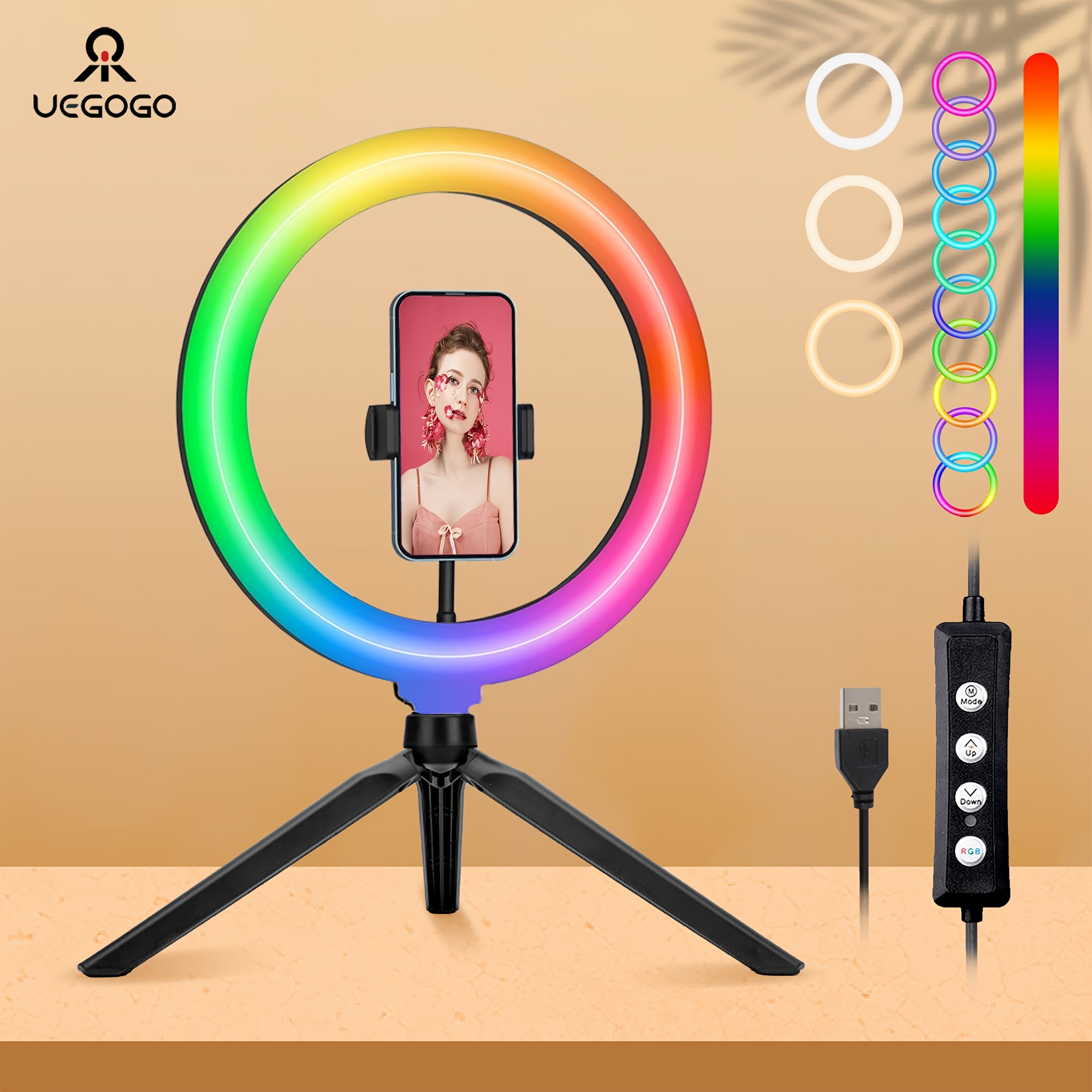 TEMU 10 Inch Rgb Selfie Desktop Ring Light Kit - Range, Dimmable/speed , Tripod, Phone Clip/holder, For Video, Photography, Selfie, Vlog, Live