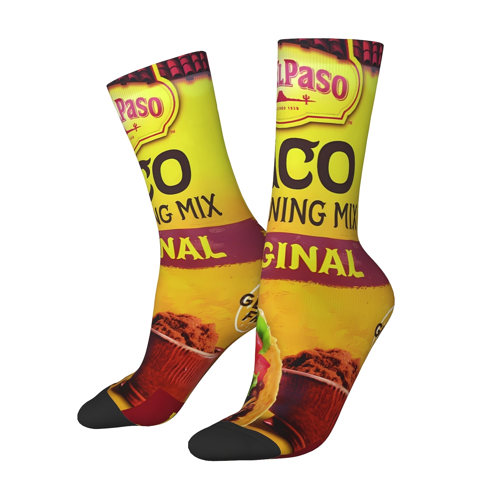 TEMU A Pair Of Unisex Outdoor Sports Socks, Vibrant Yellow Del Pas Taco Seasoning Original Print 1938, Machine Washable, Suitable For Outdoor Sports