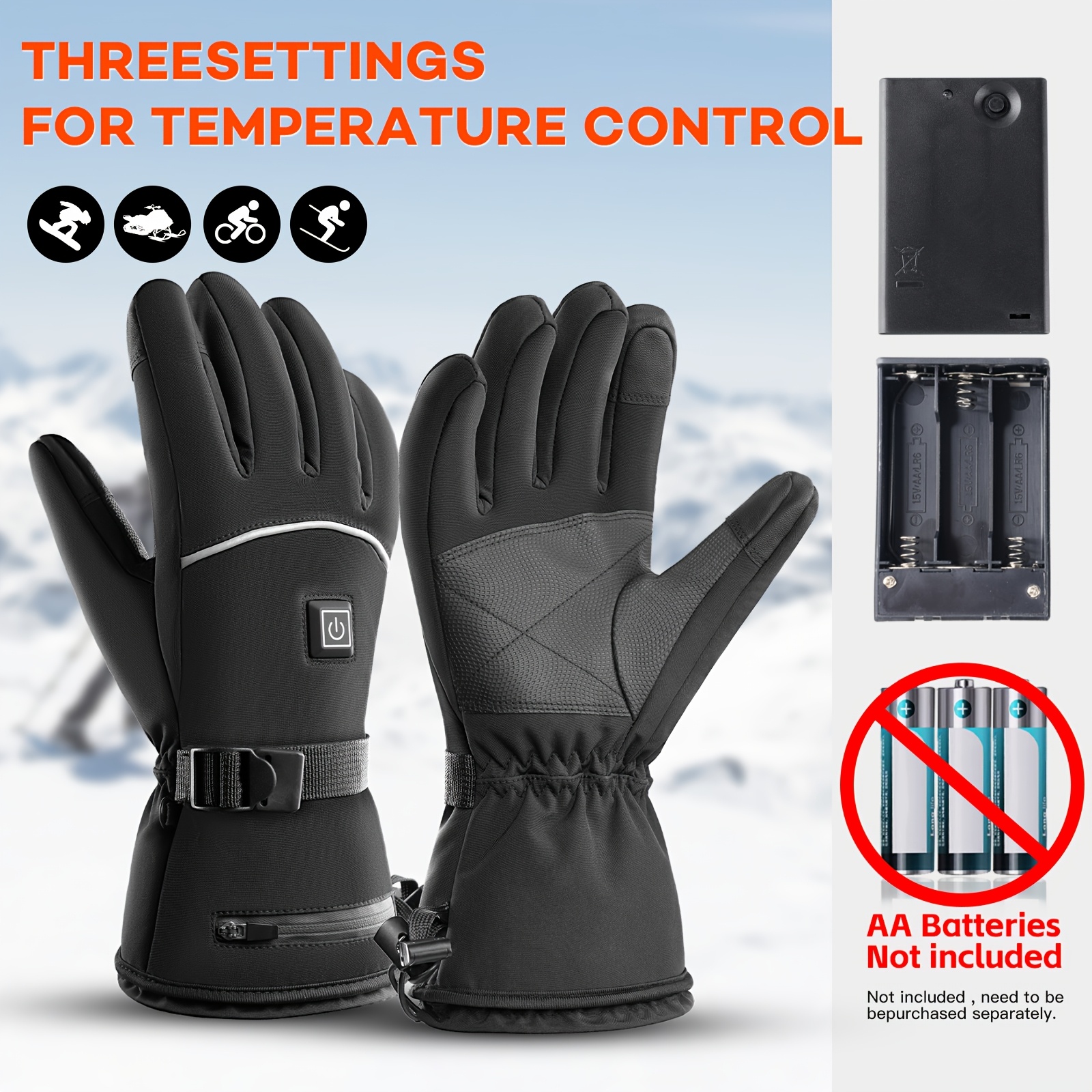 TEMU 1 Pair Electric Heated Gloves With Battery Case, No , Adjustable 3-speed, Unisex Winter Anti-slip Touchscreen Skiing Hiking Cycling Gloves -