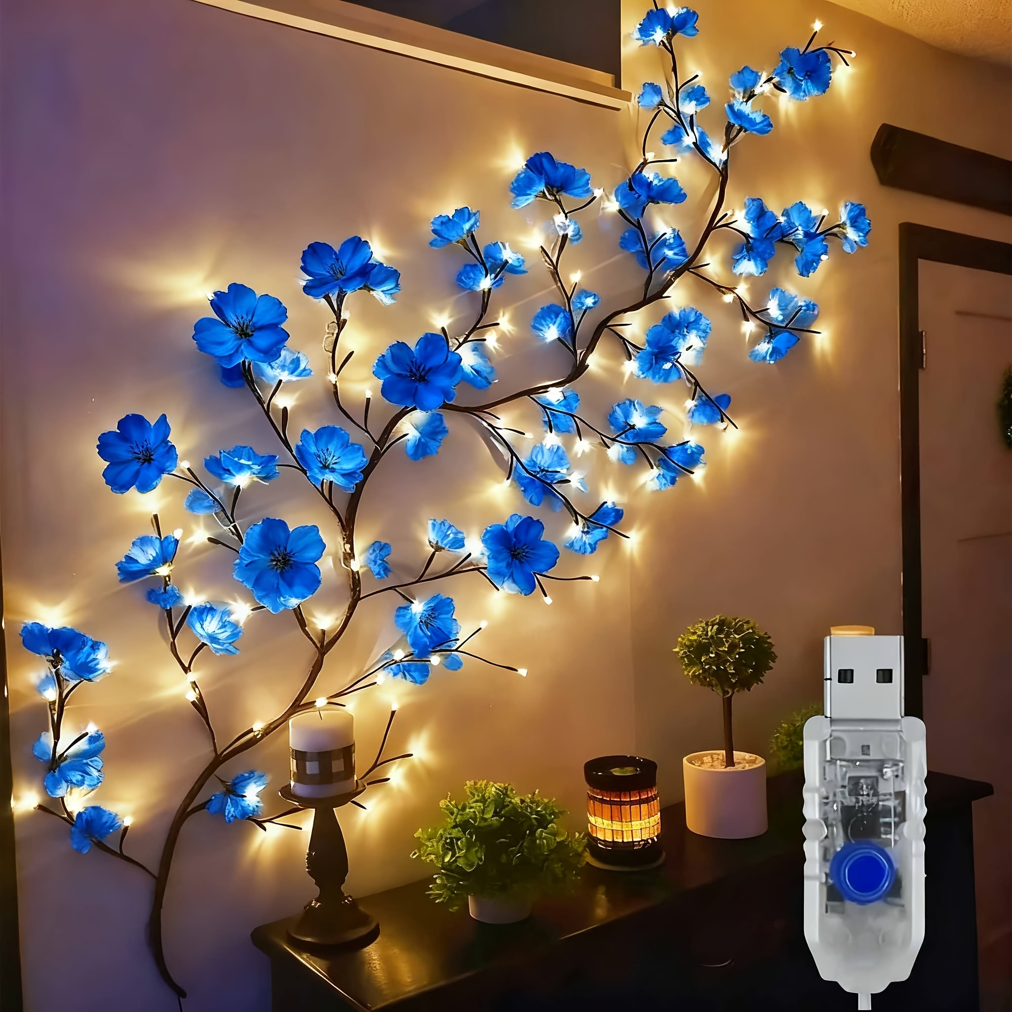 96 light usb powered cherry   led fairy lights 5 9ft faux floral garland with dimmable brightness warm   light   for indoor home decor christmas bedroom kitchen party decoration no batteries battery free Product details 0