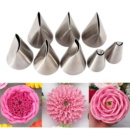 8pcs set of petal shaped piping tips made of stainless steel tools for decorating cakes with rose carnation dahlia and sunflower petal designs baking