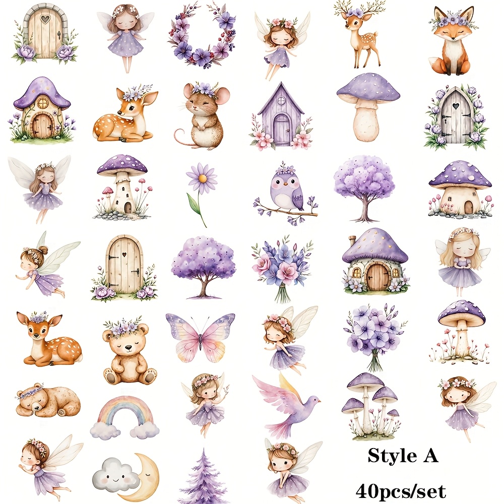 Image of Set Of 40 Vintage Forest Animal Fairy Mushroom House Stickers For Decoration, For Notebooks, Albums, Diaries, And Magazines