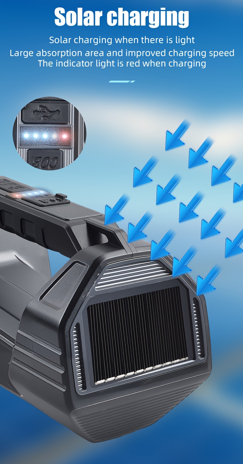 high power and ultra large portable multifunctional led solar camping light ip44 rechargeable flashlight suitable for outdoor hiking and camping usb charging non water resistant Product details 6