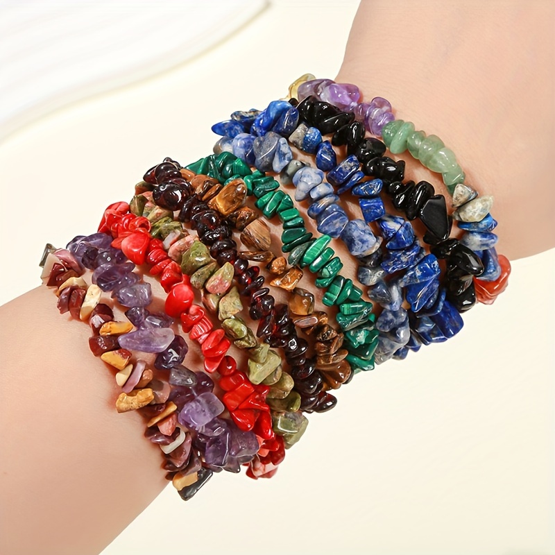 

6pcs/set Mixed Bright Stone Bracelet, Unique Irregular Gravel Handmade Bracelet, High-quality Loose Jewelry In Multiple Colors, Fashion Accessories Suitable For , Vacation And Gift