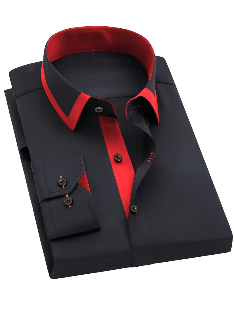 mens fit black dress shirt red white collar long sleeve - Temu Georgia mens fit black dress shirt red white collar long sleeve - Temu Georgia