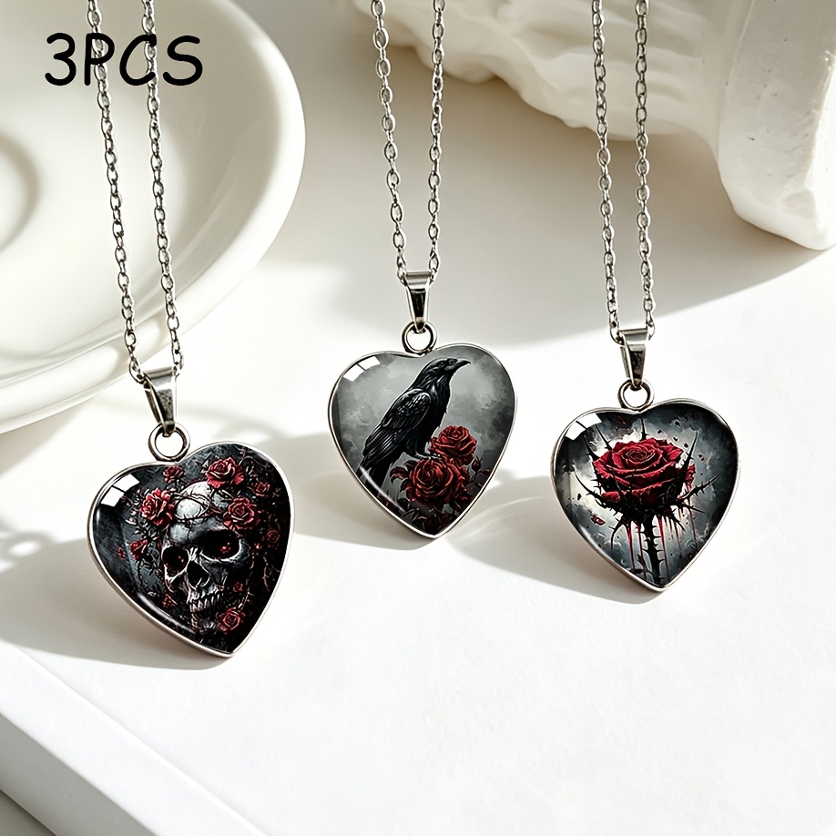 TEMU 3pcs Set Heart-shaped Stainless Steel Teardrop Necklace With Skull, Thorns, Rose, , Dark Gothic Halloween Heart Glass Pendant, Niche Cool