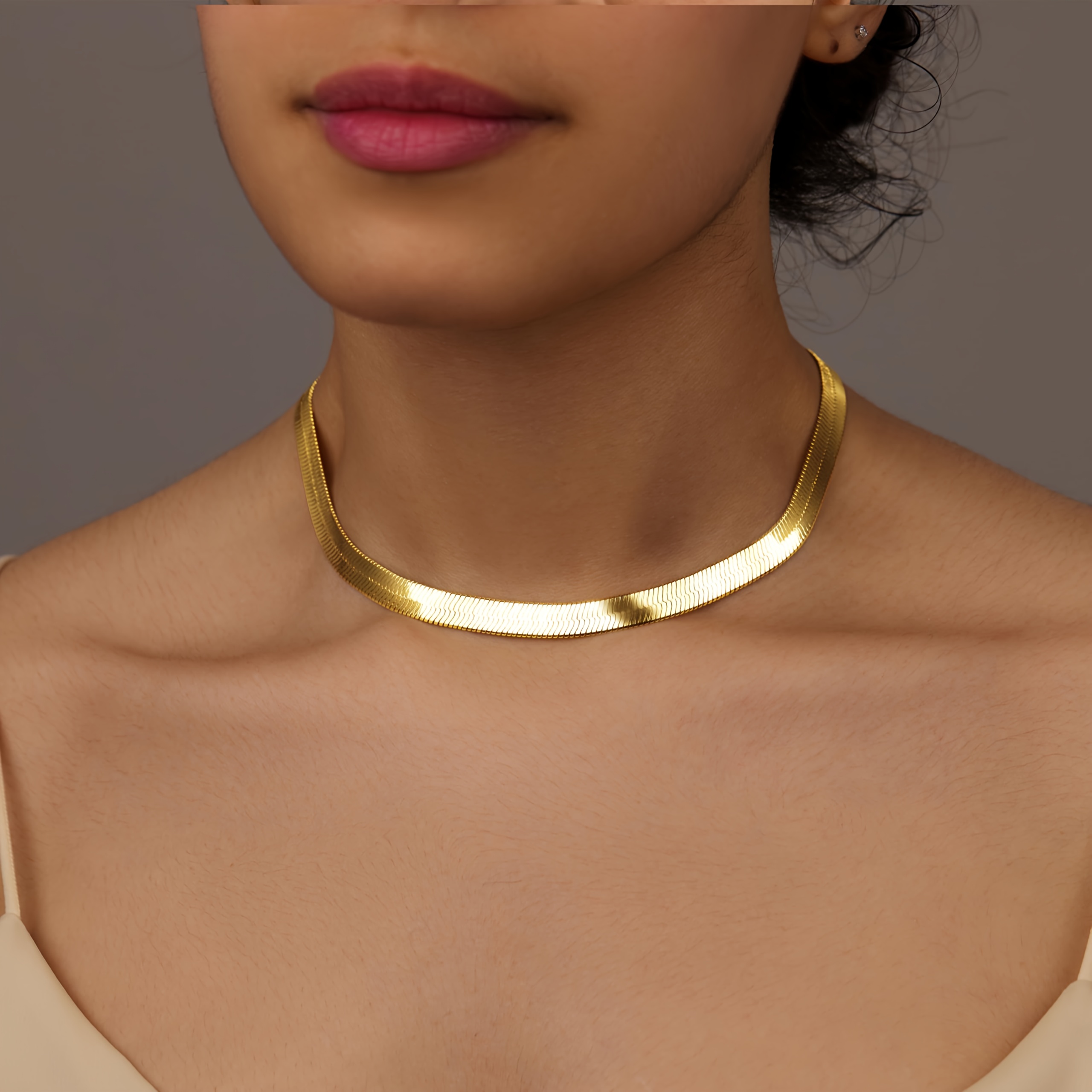 TEMU Women's 14k Gold Plated Herringbone Necklace - Heavy-duty Stainless Steel Snake/ Chain, Thick Herringbone Collar, Durable 14k Gold Gift For Christmas, Valentine's Day & Wear (suitable For All)