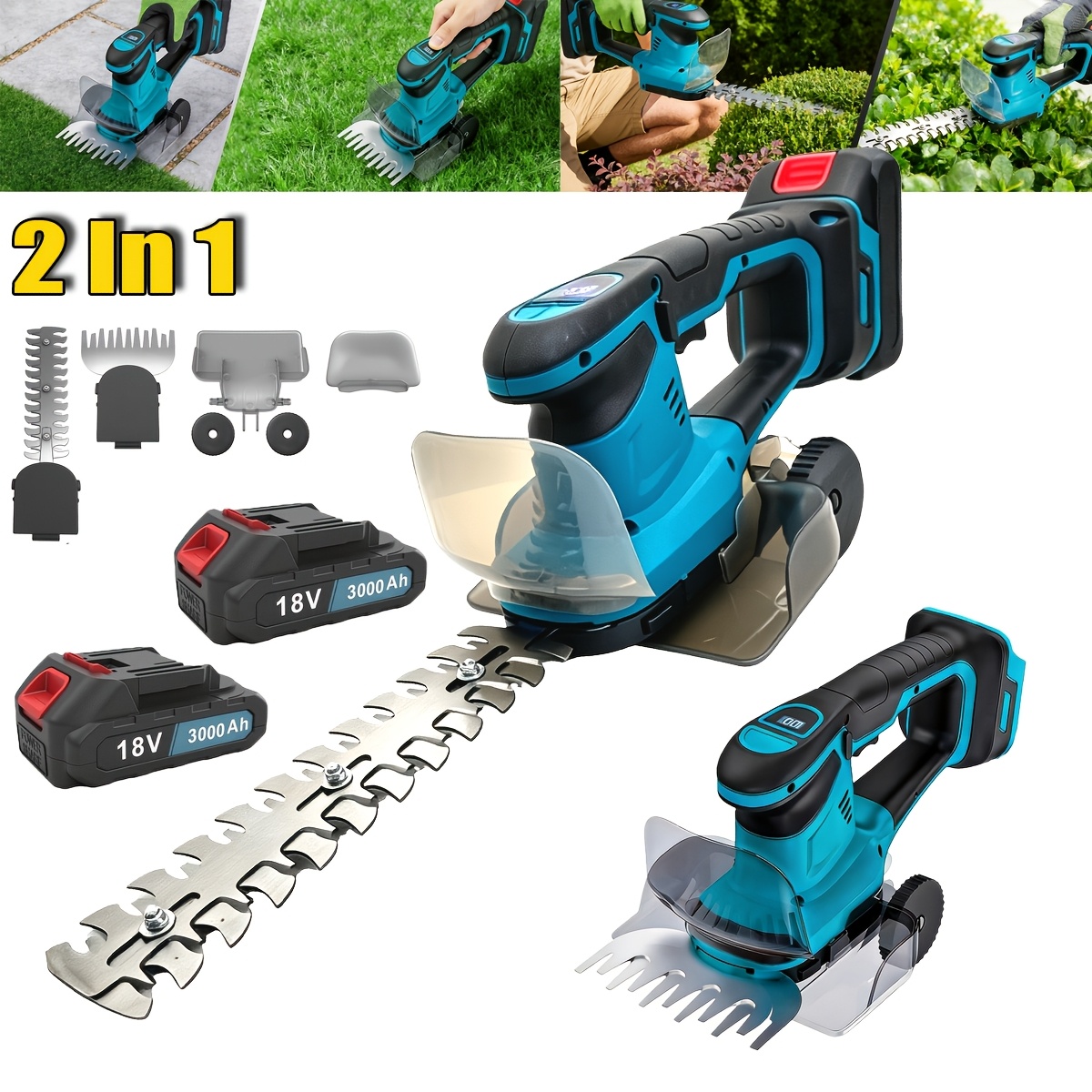 Image of Heavy Duty Cordless Hedge Trimmer, 2-in-1 Electric Garden Shears 300w With Battery Hedge Trimmer With 2x Battery 3000 Mah, Garden Tools, Pruning Shears Grass Shears For Yard, Garden, Lawn, Blue