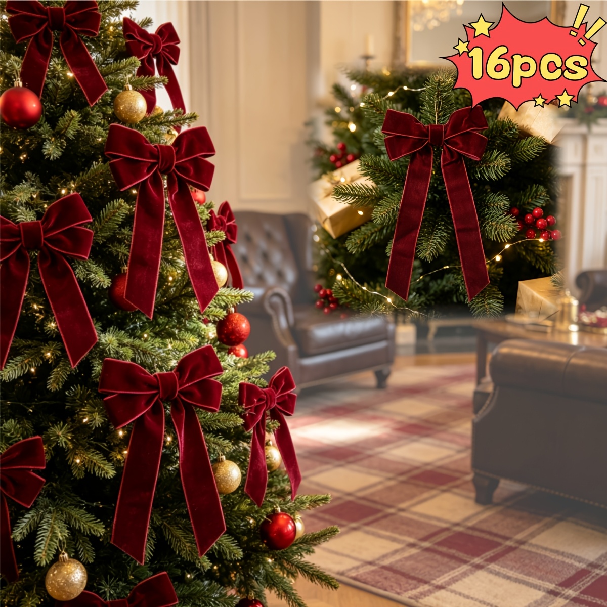 TEMU Christmas Velvet Burgundy Long Ribbon Bows 16-pack, Christmas Decorations Hanging Ornaments, Gift Wrapping Additions, Home Festive Decor
