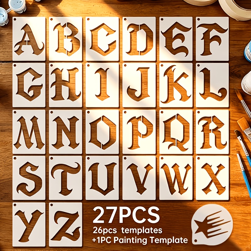 TEMU 27pcs Letter Stencil Set (26 Letter Stencils + 1 Painting Stencil), 10.16cm X 7.62cm Reusable Letter Painting Templates, Suitable For Crafts,