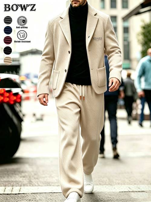 item picture mens autumn winter sporty casual suit set new style with twill textured fabric with notched lapel single breasted double pockets business casual versatile long sleeve outerwear twill textured straight leg trousers knitted solid color