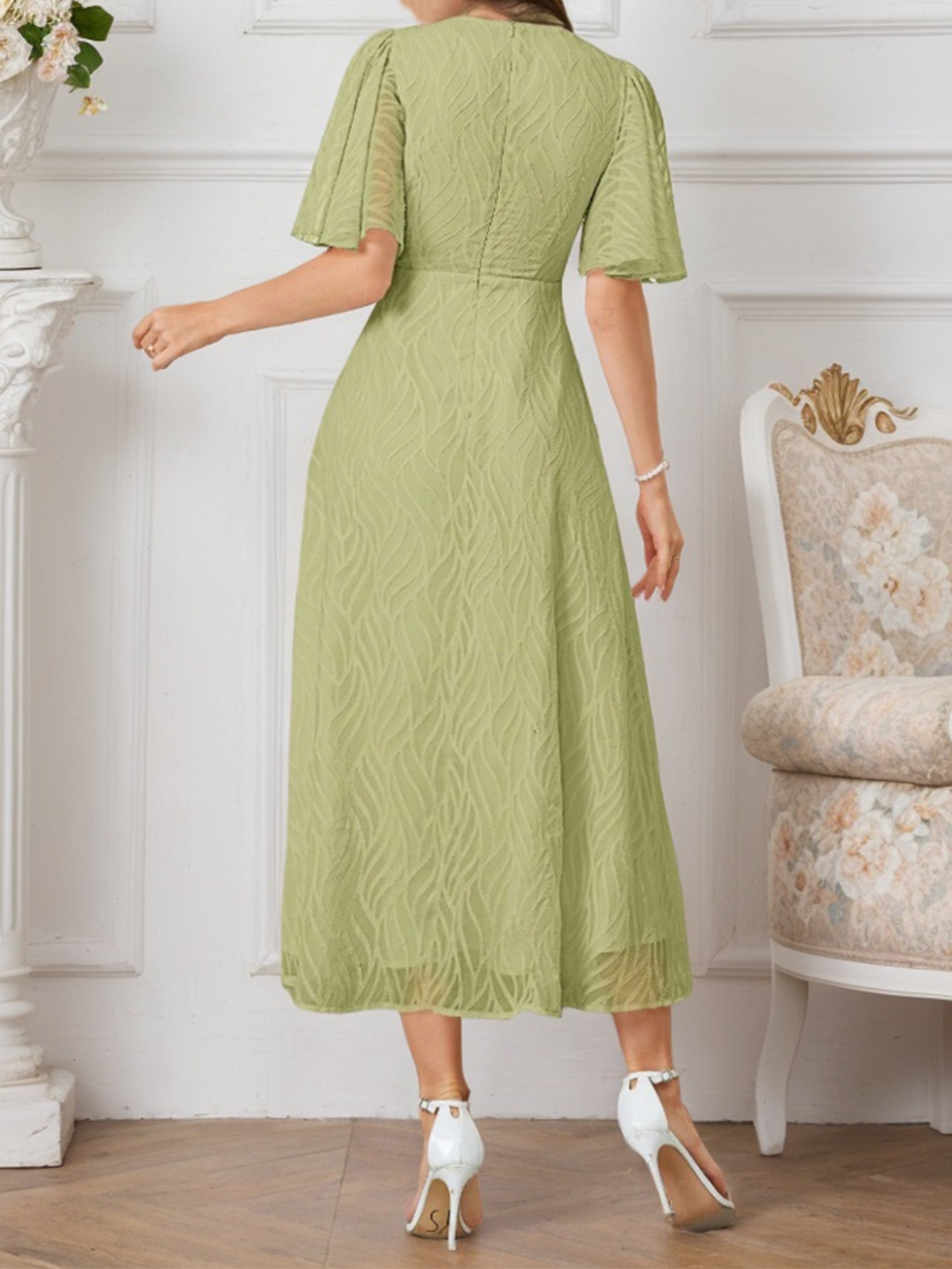 Womens Sage Green A Line Midi Dress with Flutter Sleeves
