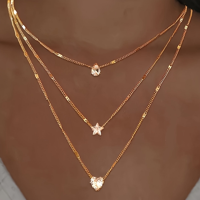 

Elegant & Simply Style, Golden/ Silvery Heart, Star & Water Drop Shape Inlaid Shiny Rhinestone Multi-layer Necklace, Fashion Creative Accessory For Daily Wear & Festival, Idea Gift