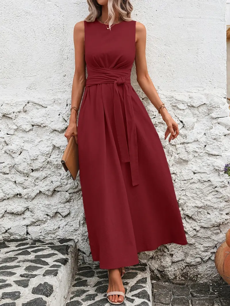 Women'* Color Round Neck Sleeveless Loose Fit Casual Dress with Waist Tie Pocket * * Fabric, Vacation Dress, Casual Dress, Work Dress Women'* Color Round Neck Sleeveless Loose Fit Casual Dress with Waist Tie Pocket * * Fabric, Vacation Dress, Casual Dress, Work Dress