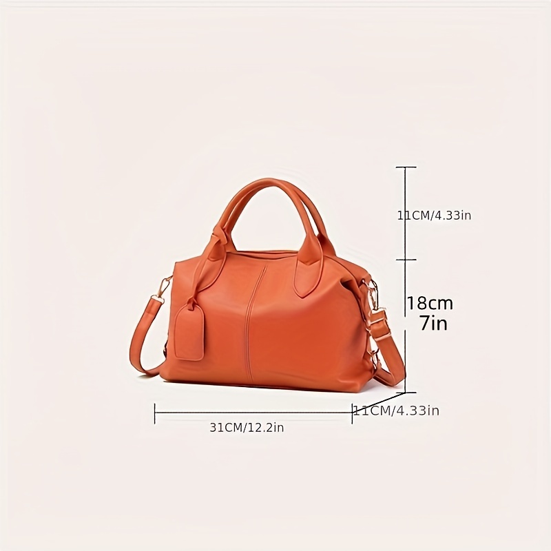 stylish solid color boston tote bag synthetic leather crossbody shoulder handbag with detachable strap zip closure and multiple compartments for women orange green pink beige black versatile tote bag sleek modern tote polished finish bag crossbody bag details 2