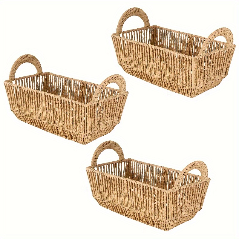 

3pcs 11inch Vertical Weave Paper Rope Storage Basket With Round Handles - Stylish Storage Solution For Living Room, Bedroom, And Office Organization