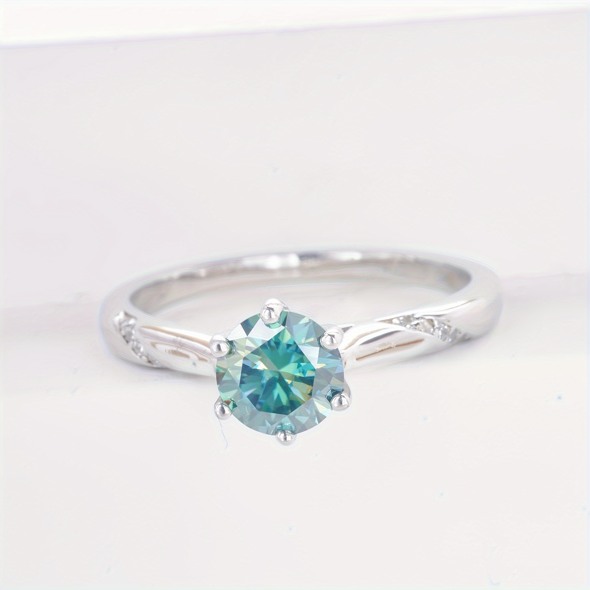 

Gems Simple 1 Carat Blue Green Moissanite Engagement Ring, 925 Sterling Silver, Vintage Unisex Design For Engagement, Wedding, Anniversary, Party, , Christmas Holiday Gift - 2.6g