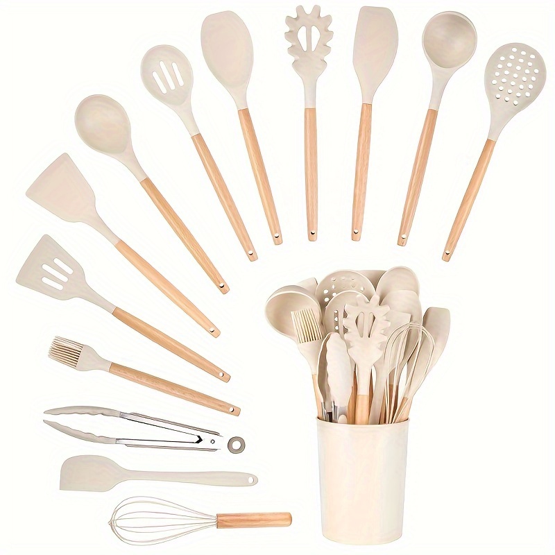 

14pcs White Silicone Cooking Utensil Set With Wooden Handles And Caddy - Heat Resistant And Bpa Free - Essential Kitchen Tools For Safe And Efficient Cooking