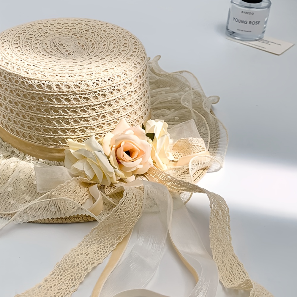 womens vintage floral lace wedding hat elastic band wide Temu
