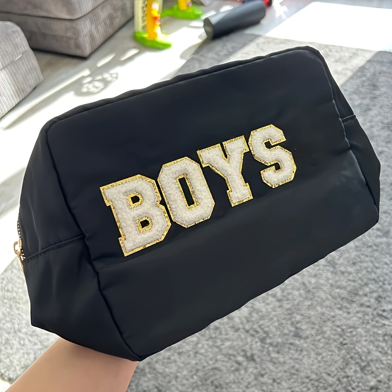 TEMU Pochette Nylon Personnalisée - Nom Personnalisé/Patch Chenille, Sac Cosmétique et , Pochette Zippée Préppy Idéale pour Voyages, Fêtes, Cadeaux -