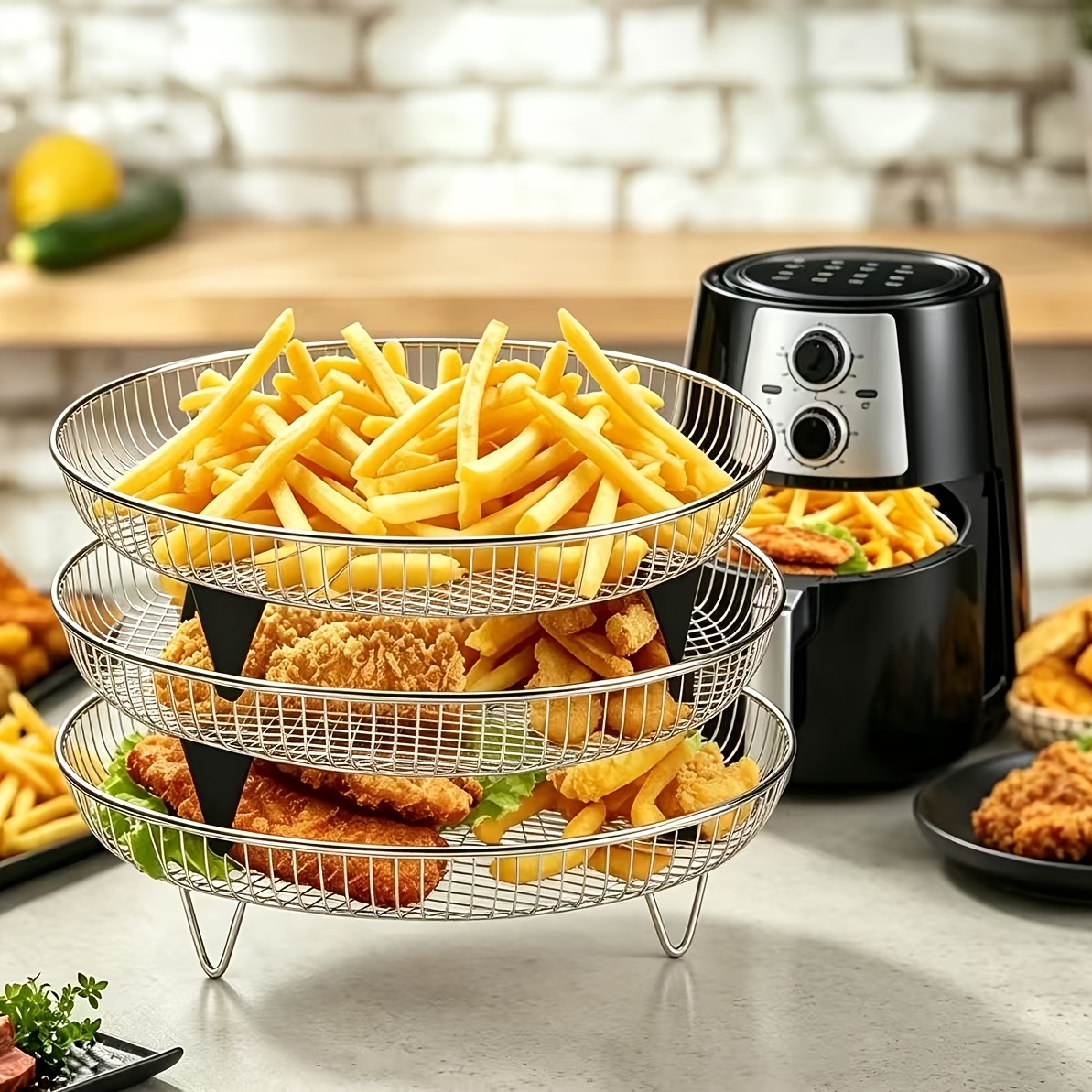 A Set of 8 Stainless Steel Air Fryer Dehydration Racks with Clips, Reusable Stacking Racks for Round Air Fryers, Suitable for 4.2QT-5.8QT Air Fryers, Washable Baking Additions for Air Fryers