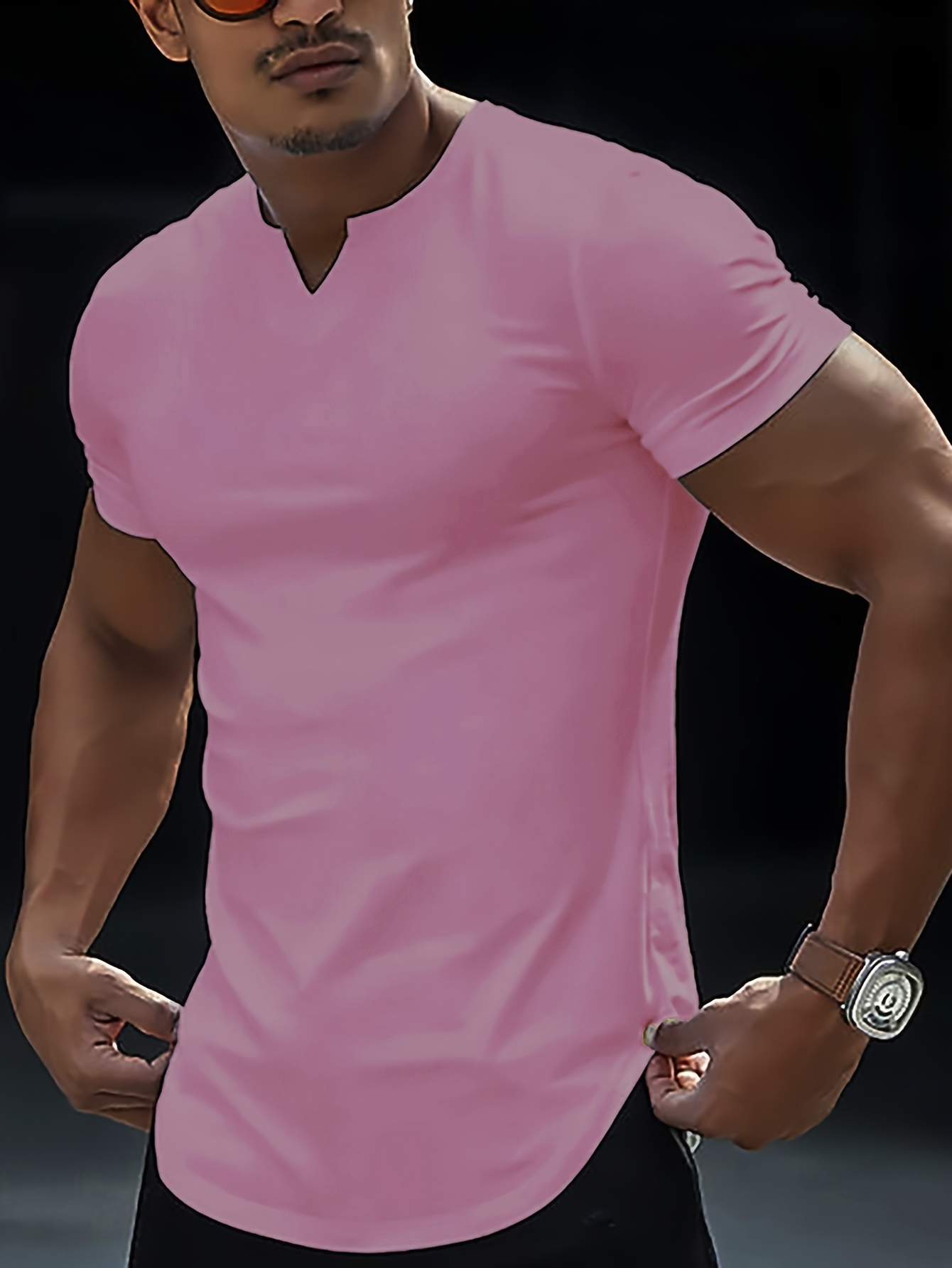 Men's Summer V-Neck Short Sleeve T-Shirt - Vibrant Red Casual Tee with Medium Stretch, Breathable H-Fit for Casual Attire, Machine Washable, Versatile Wardrobe Staple, Classic Fit Shirt, Comfortable Material, Active Lifestyle