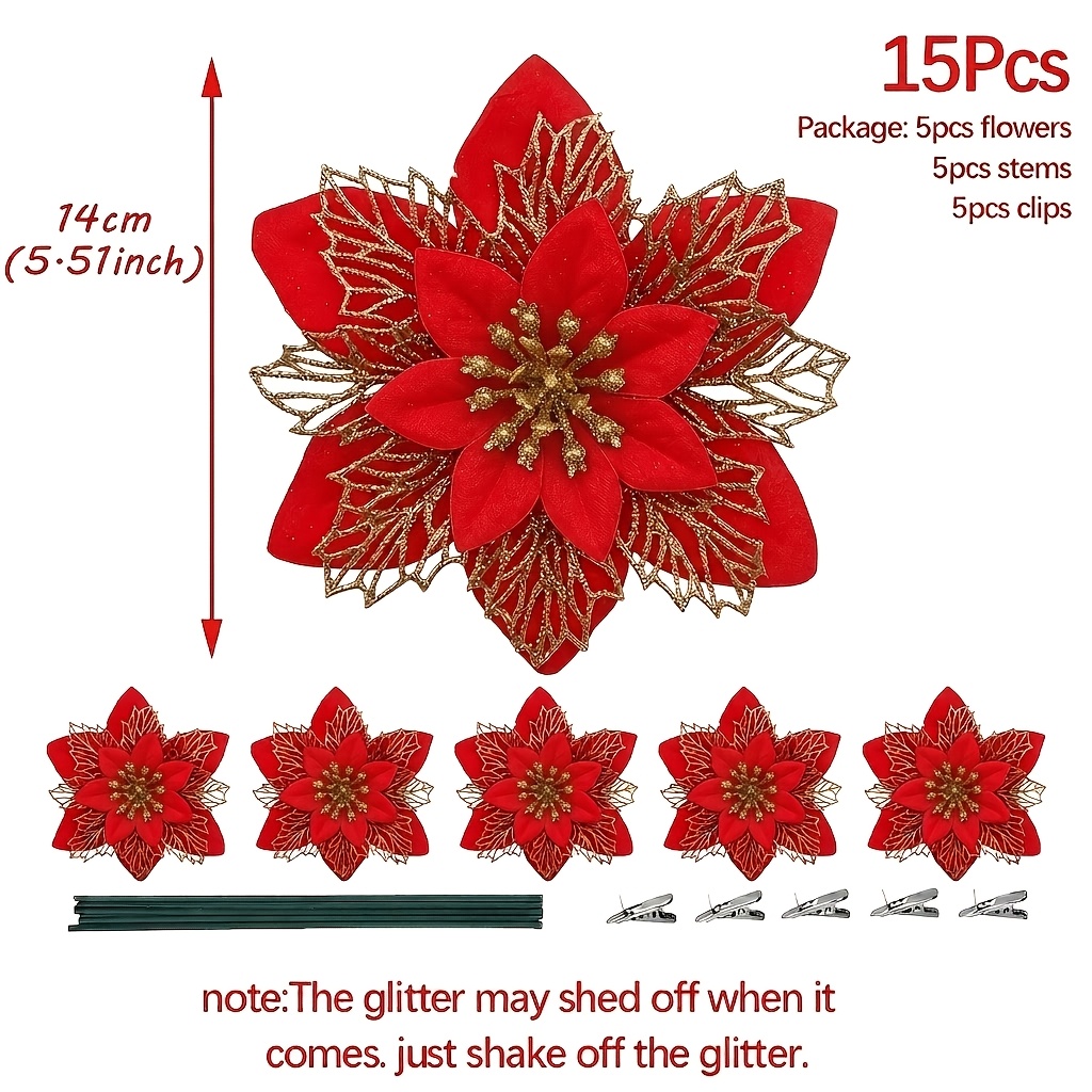 TEMU Lot de 15 pièces, Fleurs artificielles de Noël, 5,51 x 5,51 pouces, 5 fleurs brillantes, avec 5 pinces et 5 tiges, Décorations Noël, Ornements