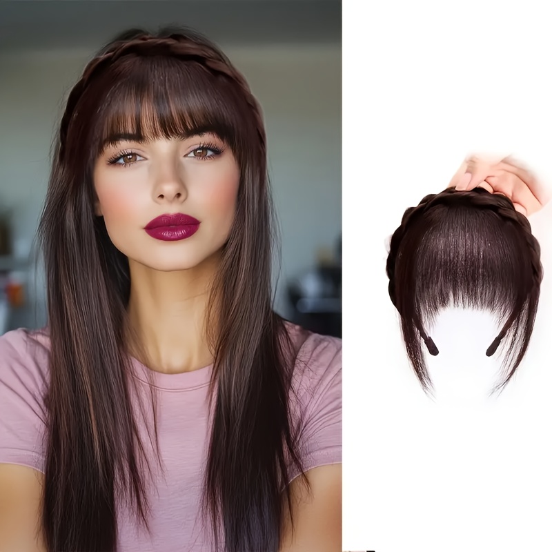 1pc elegant women s clip in synthetic bangs with double braid design lightweight versatile hairpiece for all hairstyles   daily wear and special occasions sleek black bangs accessory details 4