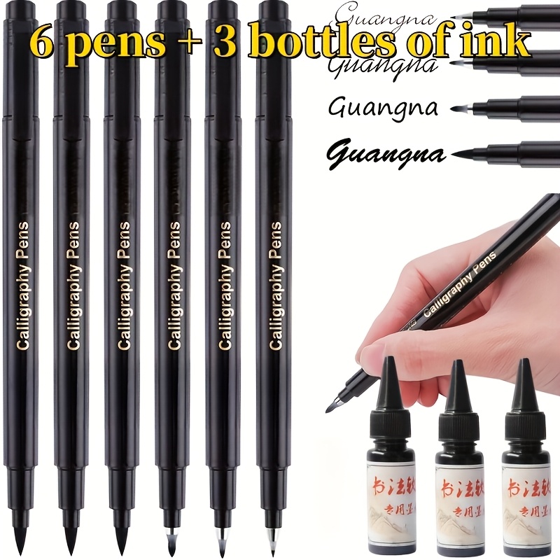 6 Elegant Pens + 3 Calligraphy Ink, Soft Pens For Practicing Calligraphy, Extremely Fine And Soft-tipped Outlining Pens For Small, Medium And Large Regular Script Added With Ink