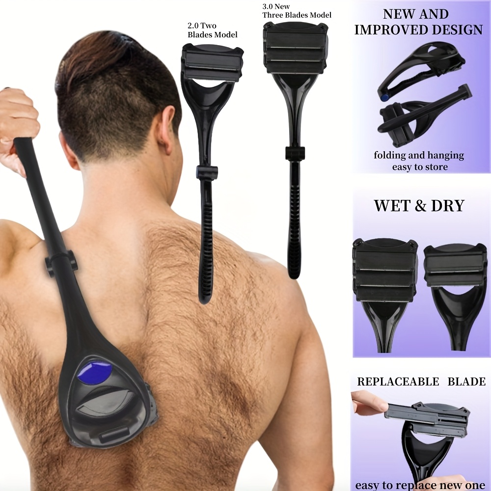 Long Handle Manual Shaver Wet & Dry Use Back and Full Body Hair Removal Foldable Portable with 1 Handle + 2 Blades