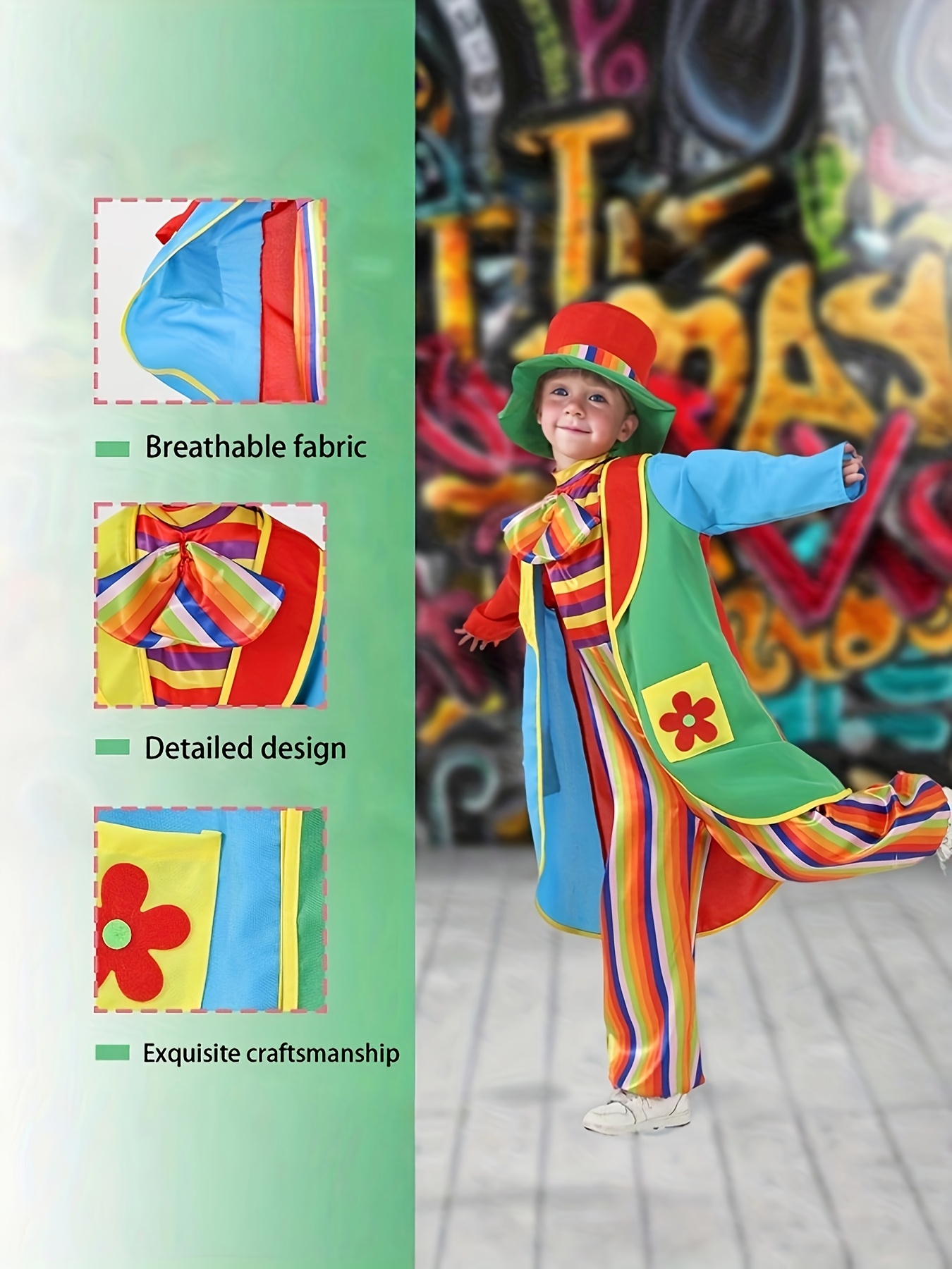 Tenue de clown arc-en-ciel pour les jeunes - Combinaison à rayures colorées avec nez rouge et patch vert, overols bleus, 2 poches, tissu non extensible, parfait pour les fêtes et les spectacles, design ludique | Ludique | Tissu durable