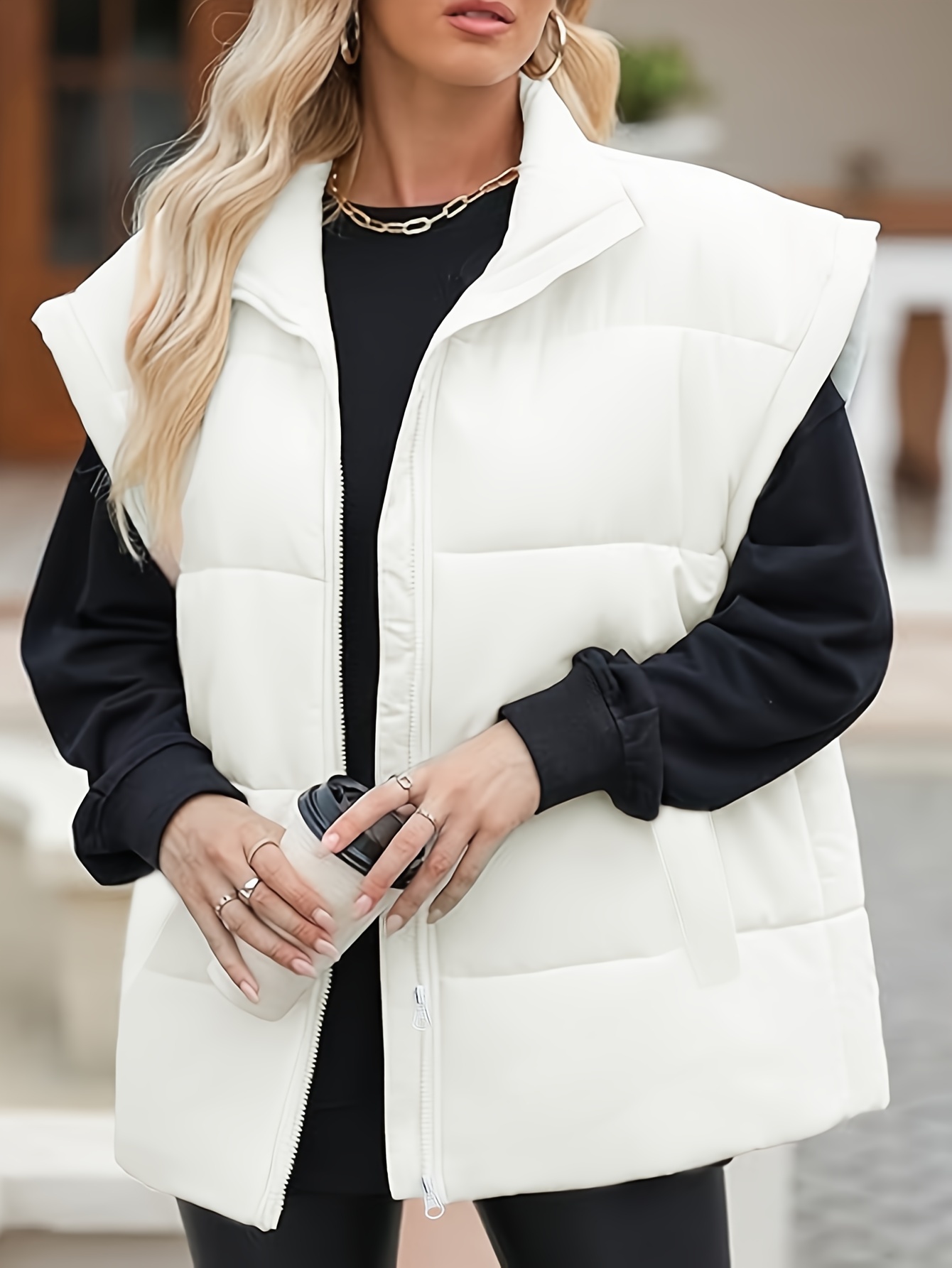 Women's Plus Size Elegant White Puffer Vest Warm Sleeveless Jacket with  Stand Collar, Machine Washable Fall and Winter Outerwear, Casua