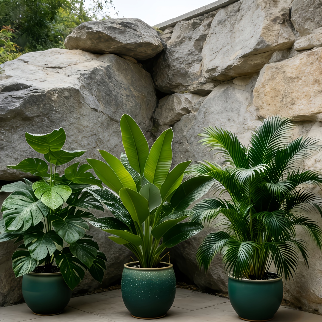 Ensemble de 3 Plantes Artificielles à Grandes Feuilles - Monstera Luxuriant et Palmiers, Bananiers, Adaptées à l'Extérieur - Arbres Décoratifs Tropiques à Large Feuillage Sans Entretien, Plantes en Pot pour Intérieur/Extérieur Toute l'Année, Arbustes Faux Style Nordique pour Mariage Hôtel Jardin