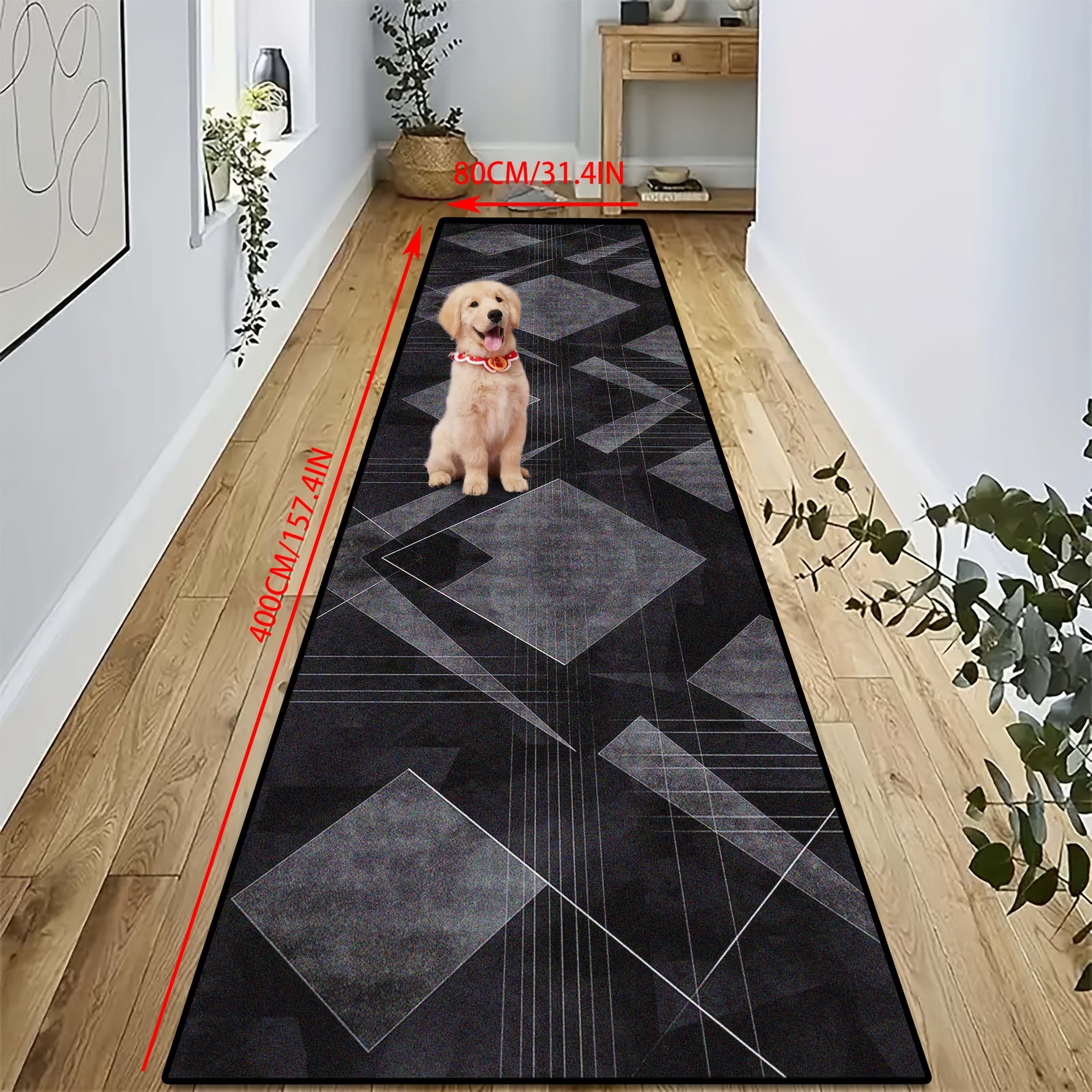 TEMU 1pc Golden Diamond Velvet Shipping, Modern Geometric Black And Gray Striped Abstract Hotel/ Welcome Long Runner Rug, And Comfortable Decorative