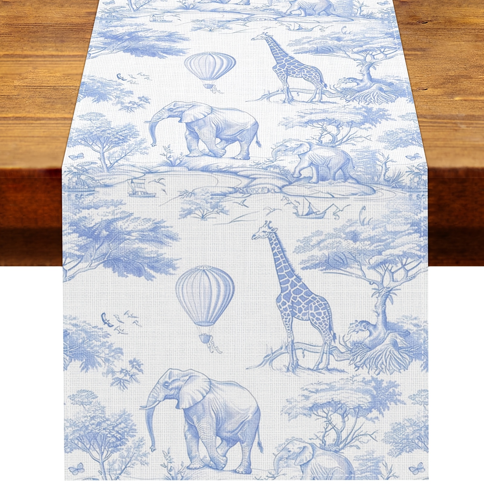 TEMU 1pc Blue Chinoiserie Animals Table Runner | Toile De Jungle Theme, Linen, Dokriy Brand, Rectangle Shape, Suitable For Easter, Birthday Party,