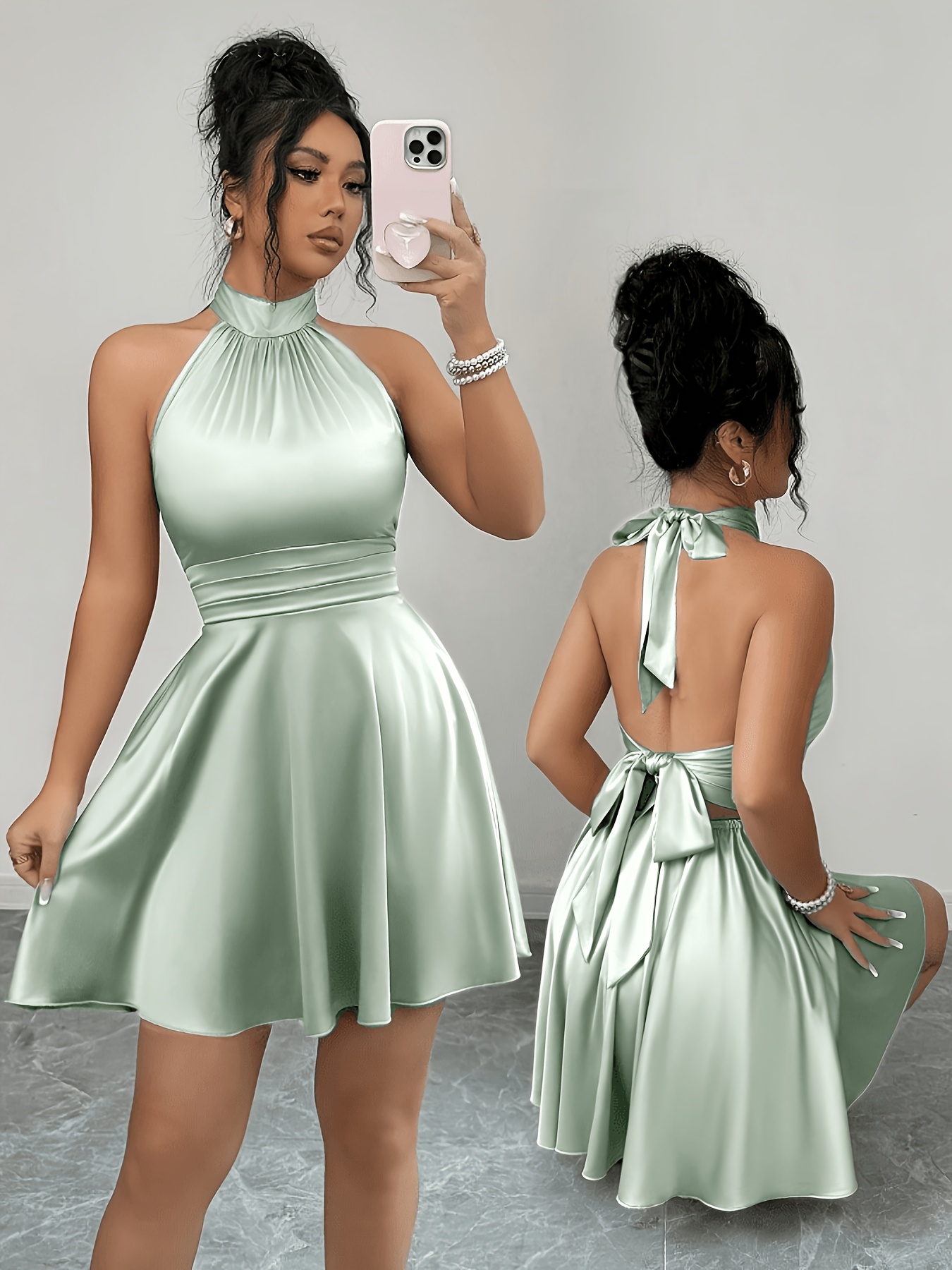 Robe mini femme vert pois, élégante, luxueuse et sexy, en satin vert, à bretelles et dos nu, idéale pour sorties décontractées, dîners formels, rendez-vous, fêtes, mariages, vacances, printemps-été, jupe courte, vacances d'été
