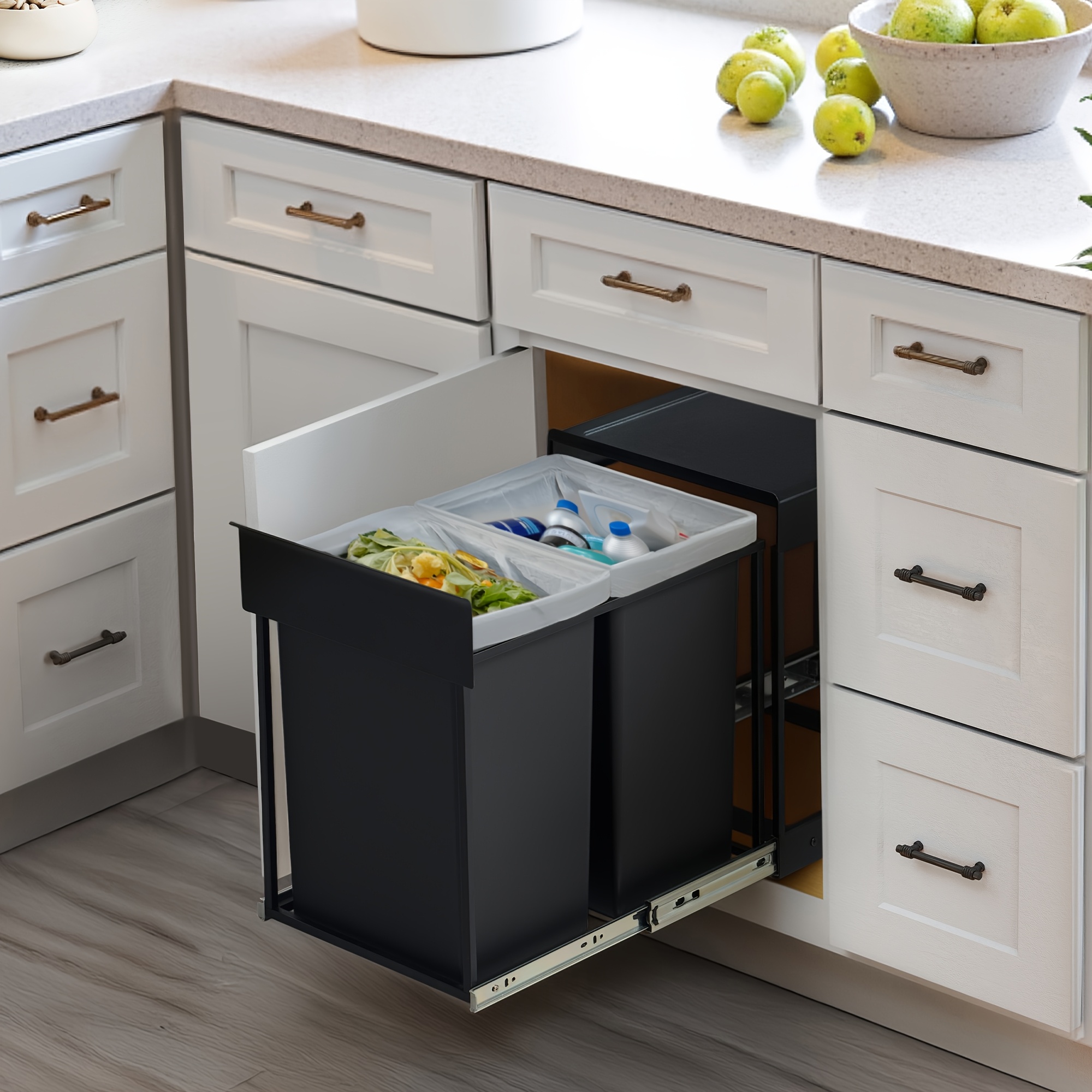 TEMU Poubelle de cuisine coulissante, 2 x , acier, couvercle en plastique ABS, noir/