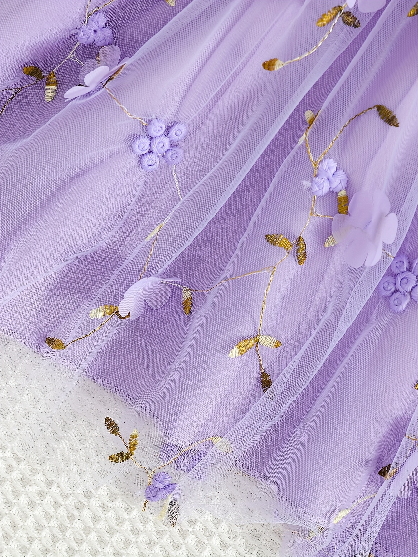 elegant girls' purple ribbed mesh dress embroidery polyester