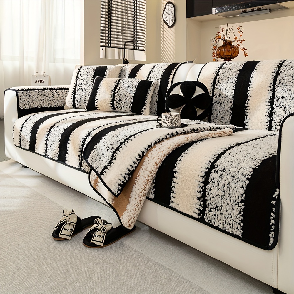 1pc traditional style shu   sofa cover striped plush warm non slip dustproof cat scratch resistant couch protector machine washable pet friendly 100 polyester 180 200gsm fits armchair to sectional sofas details 5