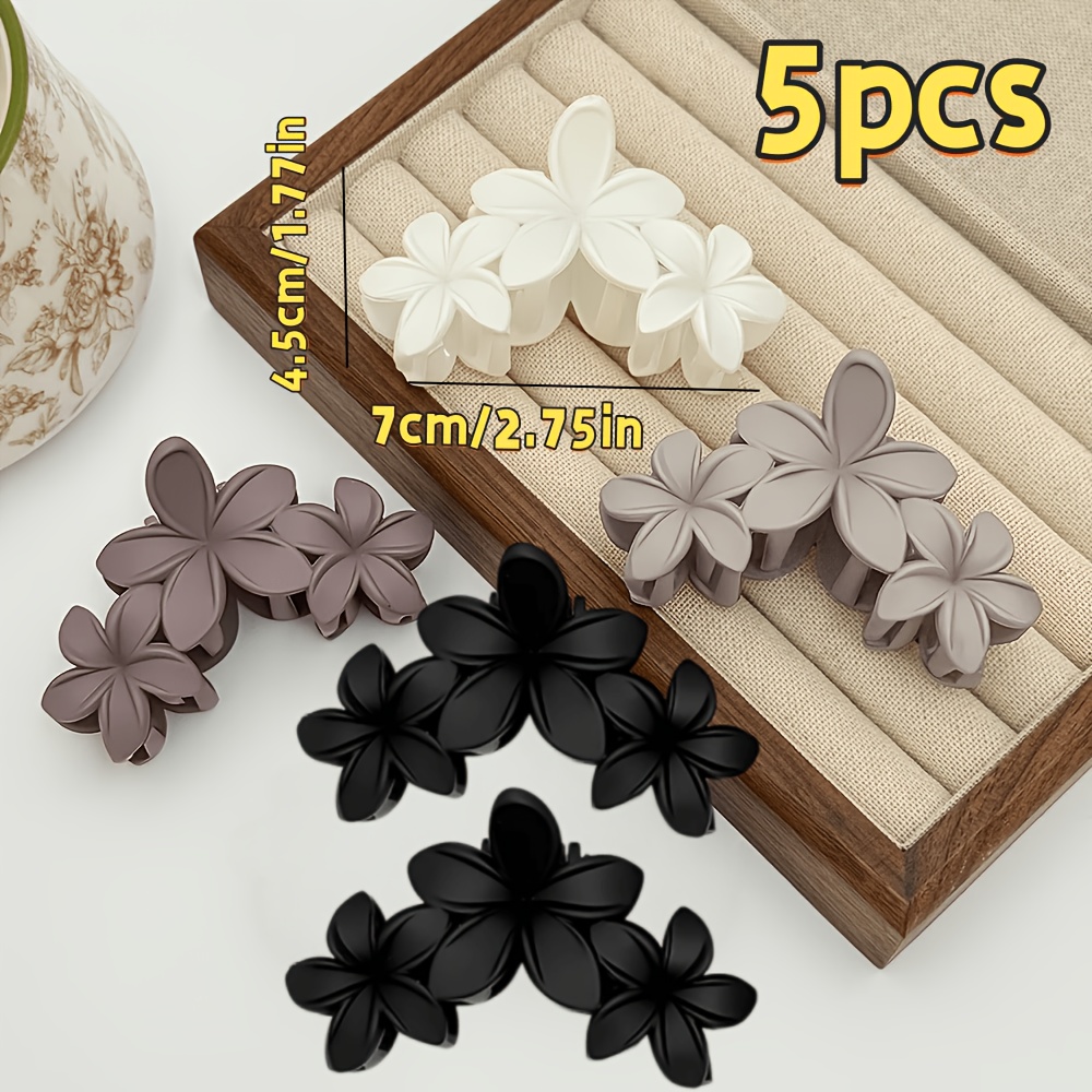 TEMU Lot de 5 pinces à cheveux florales élégantes, givrées et , 7 cm/2,75 po, pince à cheveux triple fleur pour femme, pince requin en plastique de