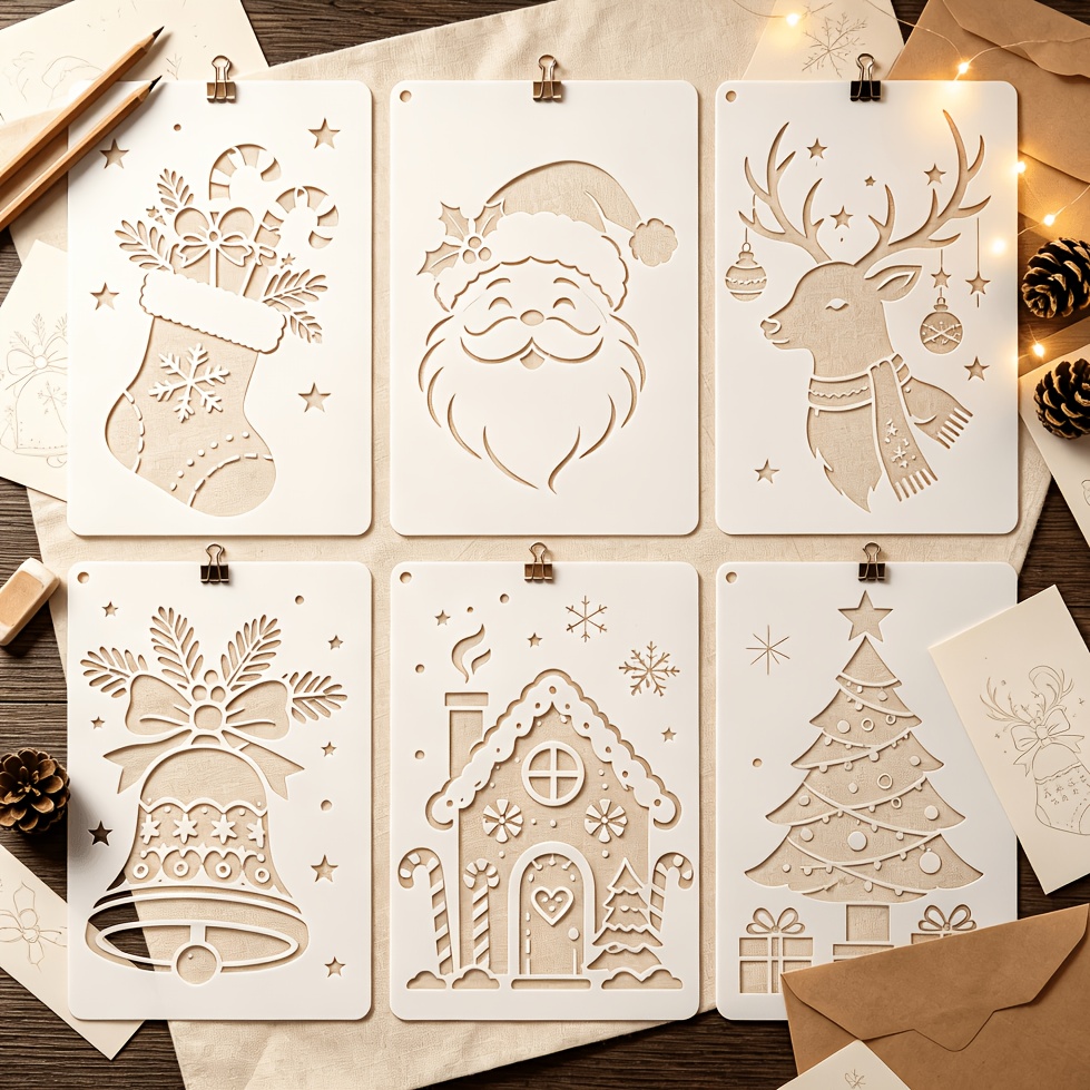 TEMU 6pcs Reusable 3.9 X 5.9 Inch Christmas Stocking Templates Featuring Santa, Reindeer, Christmas Bells, Gingerbread Houses, And Christmas Trees,