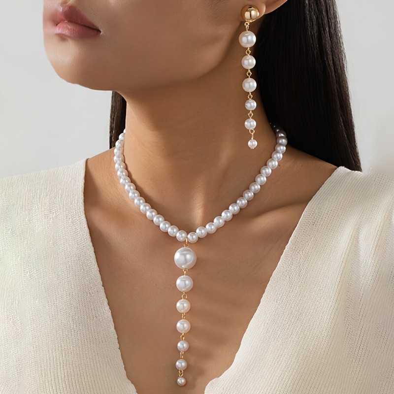 TEMU Juego de collar elegante y con estilo de Y con perlas de y un par de aretes largos de pinza, estilo de pinza para orejas sin perforar, collar