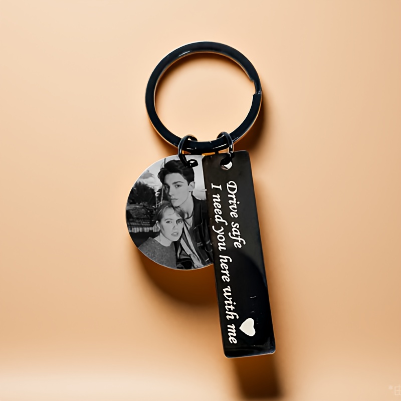 TEMU Personalized Stainless Steel Couple Keychain With Custom Photo & Engraved Message - Double-sided, - Ideal Anniversary Gift For Boyfriend Or