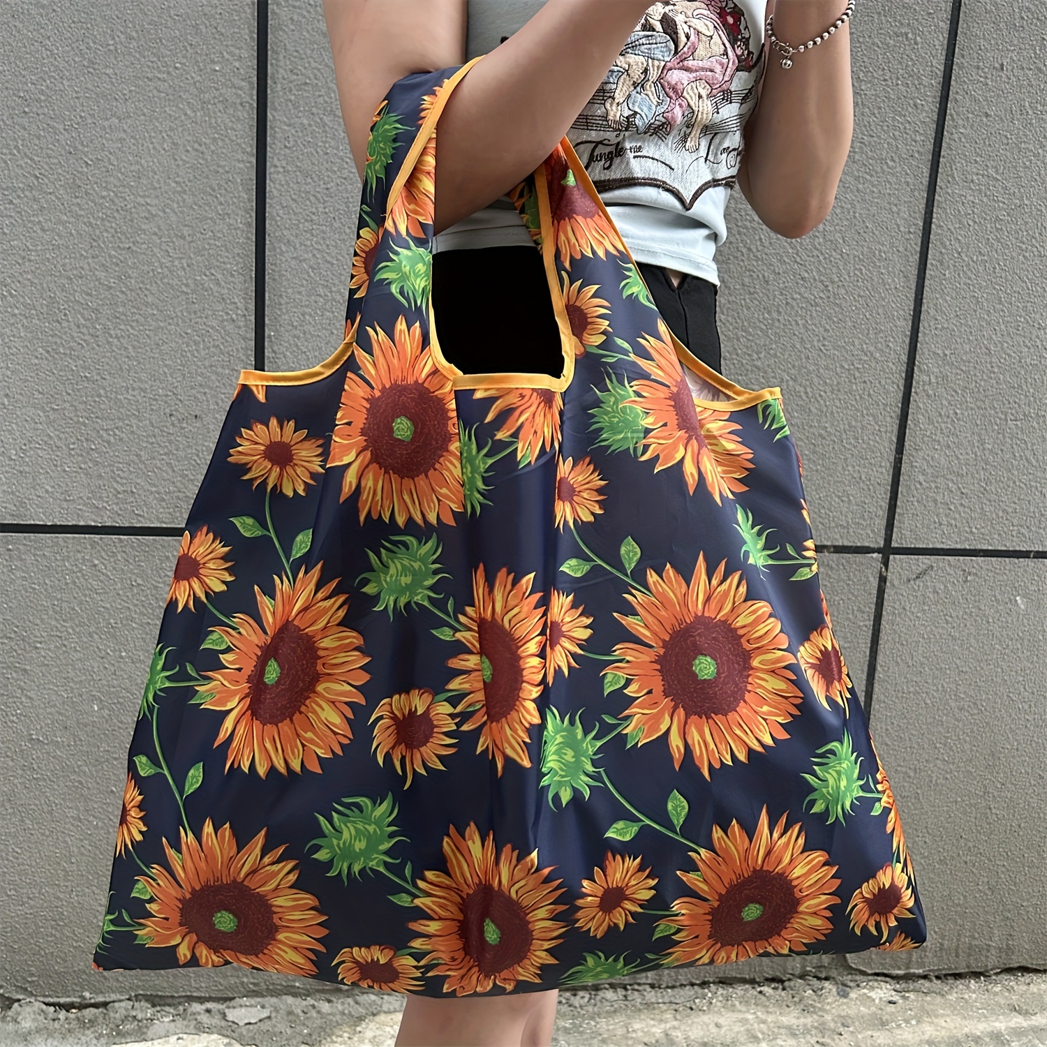 

Sunflowers Print Folding Lightweight Large Handheld For Men Women, Reusable Large Capacity Portable Shopper, Grocery Storage Bag